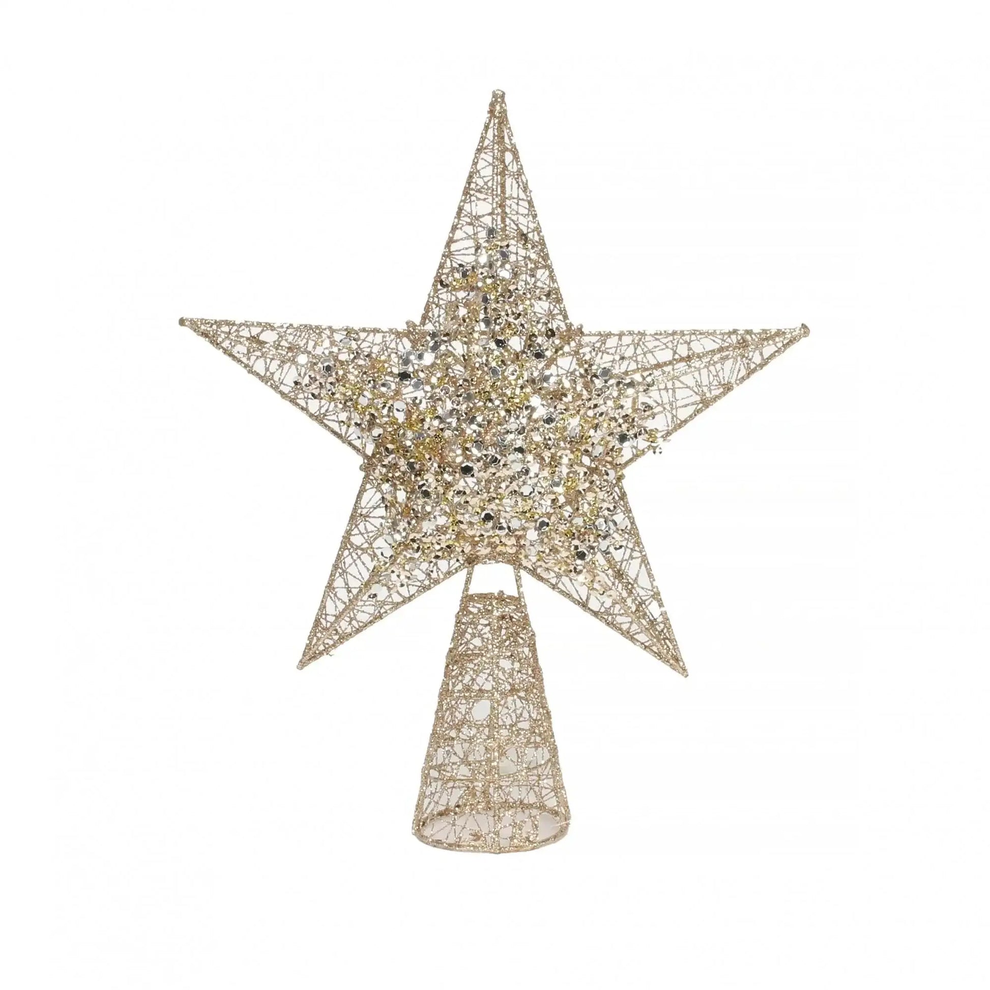 Gold wire star tree topper with glitter and sequins, festive Christmas home decor accent.