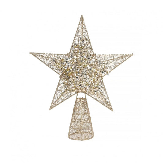 Gold wire star tree topper with glitter and sequins, festive Christmas home decor accent.