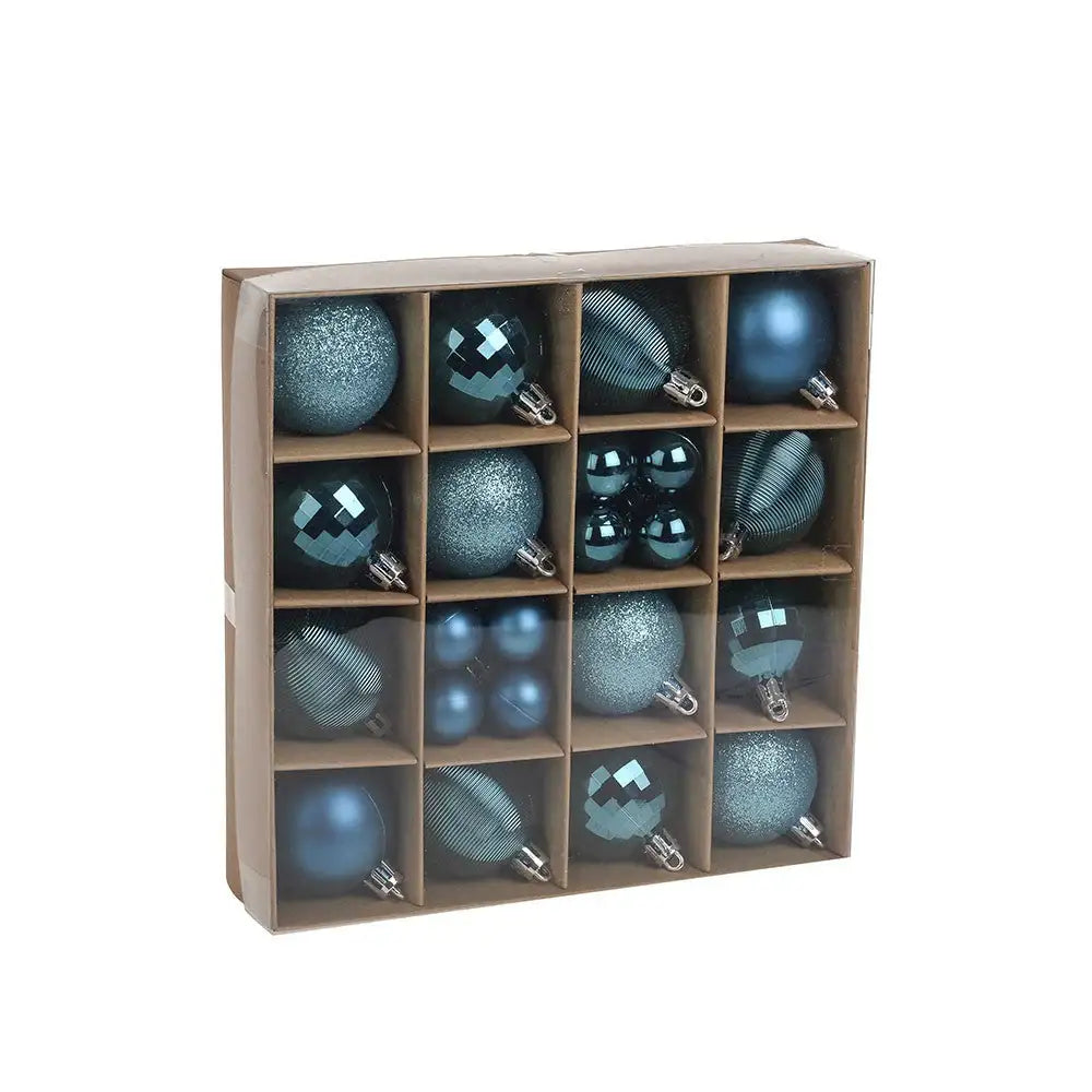 Teal Christmas ornaments in assorted finishes, packaged in a grid box for holiday décor and gifting.