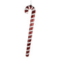 Red and white striped candy cane Christmas decoration hanging on a white background
