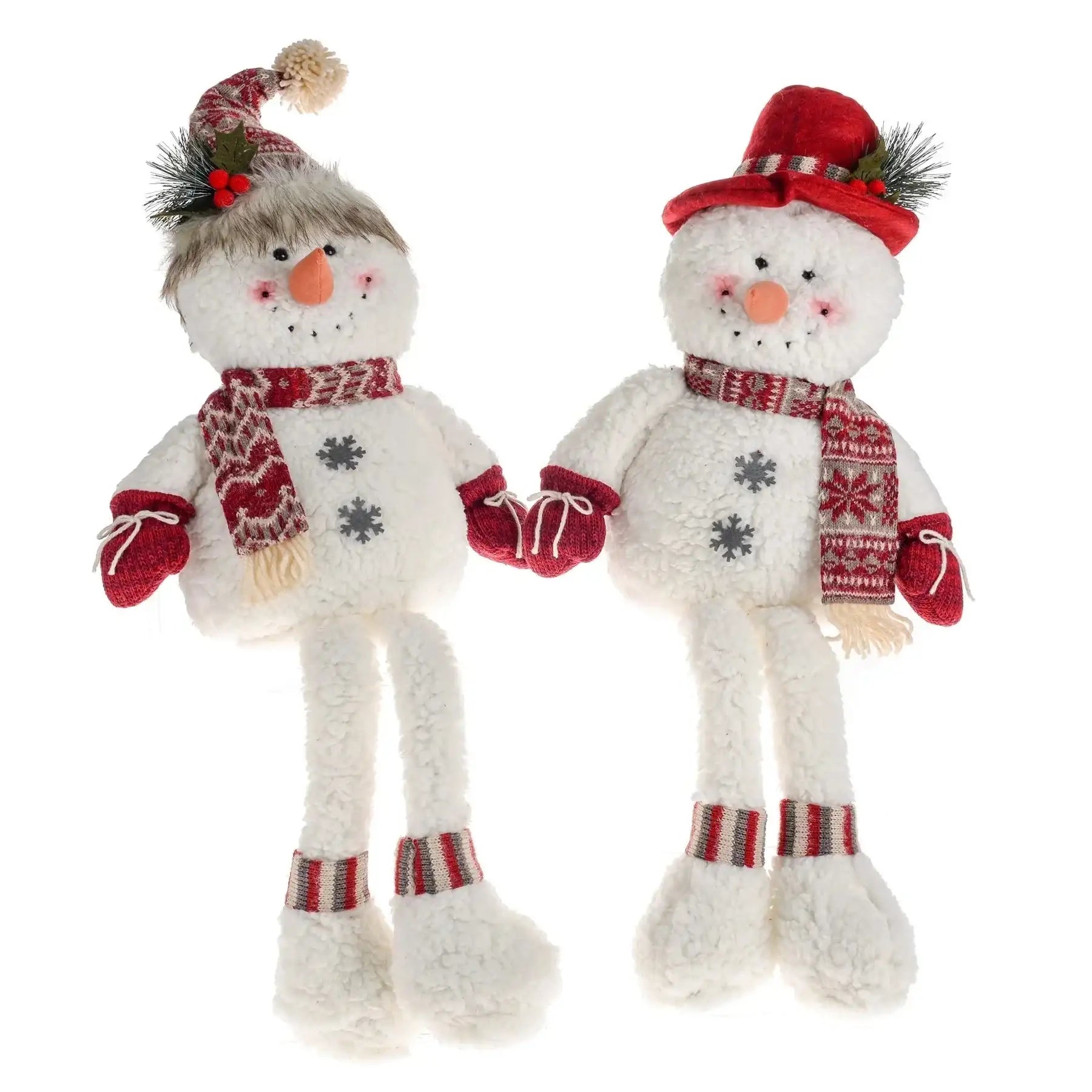 Plush snowman decorations with red hats and scarves, festive holiday home decor gift