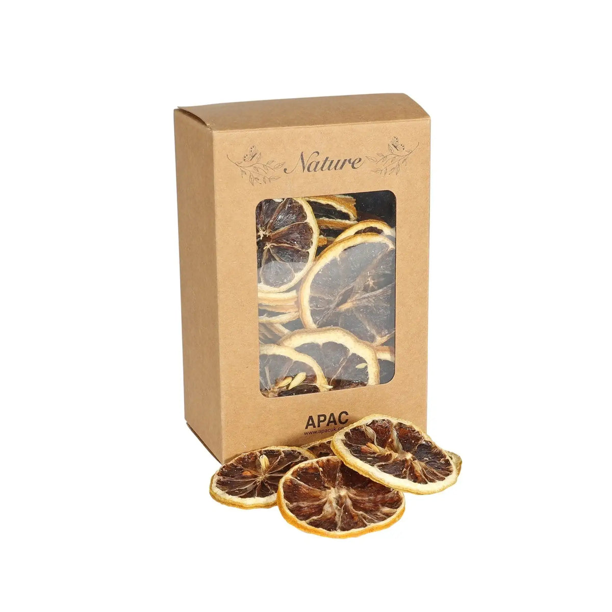 Dried lemon slices in a brown cardboard box with a window, by Bristow Direct.