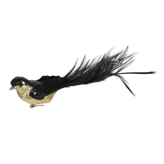 Black and Gold Sequin and Glitter Bird with Clip (29cm)