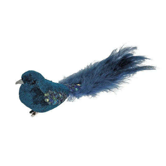 Peacock Blue Velvet Bird with Glitter and Clip (20cm)