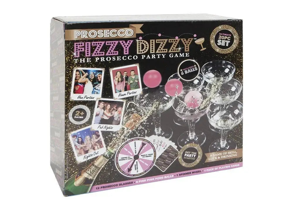 Prosecco Fizzy Dizzy party game set with glasses, pink balls, spinner, and cards for parties.