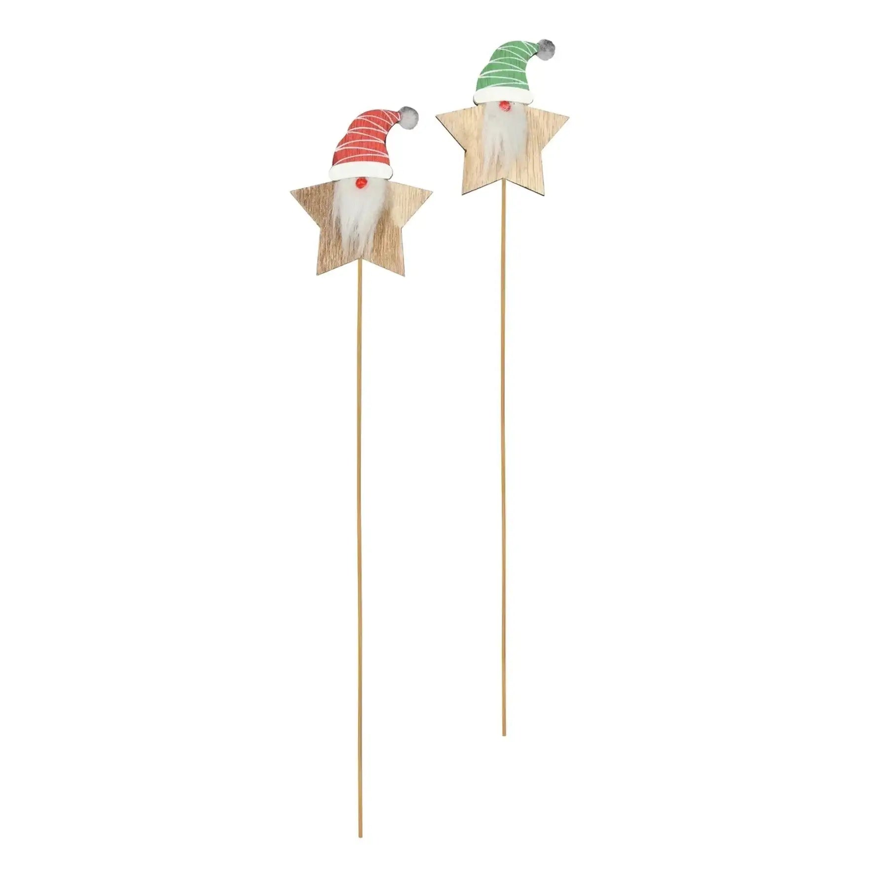 Two festive gnome star picks with red and green hats for holiday home decor or gifts