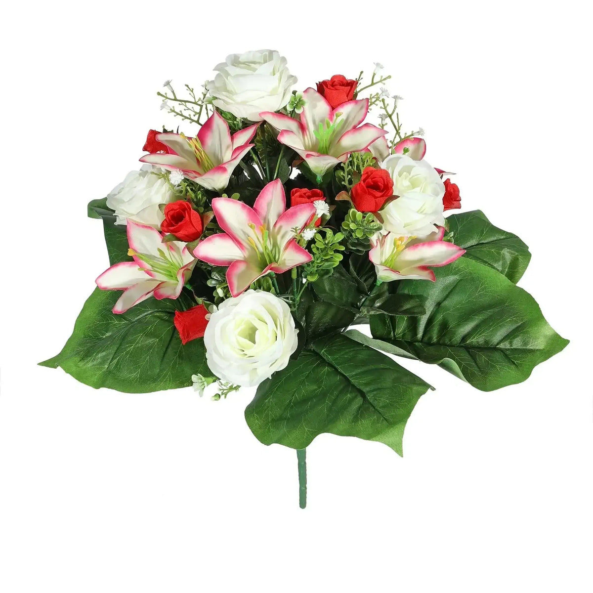 Artificial red and white rose & lily bouquet with green leaves for home décor or gifts