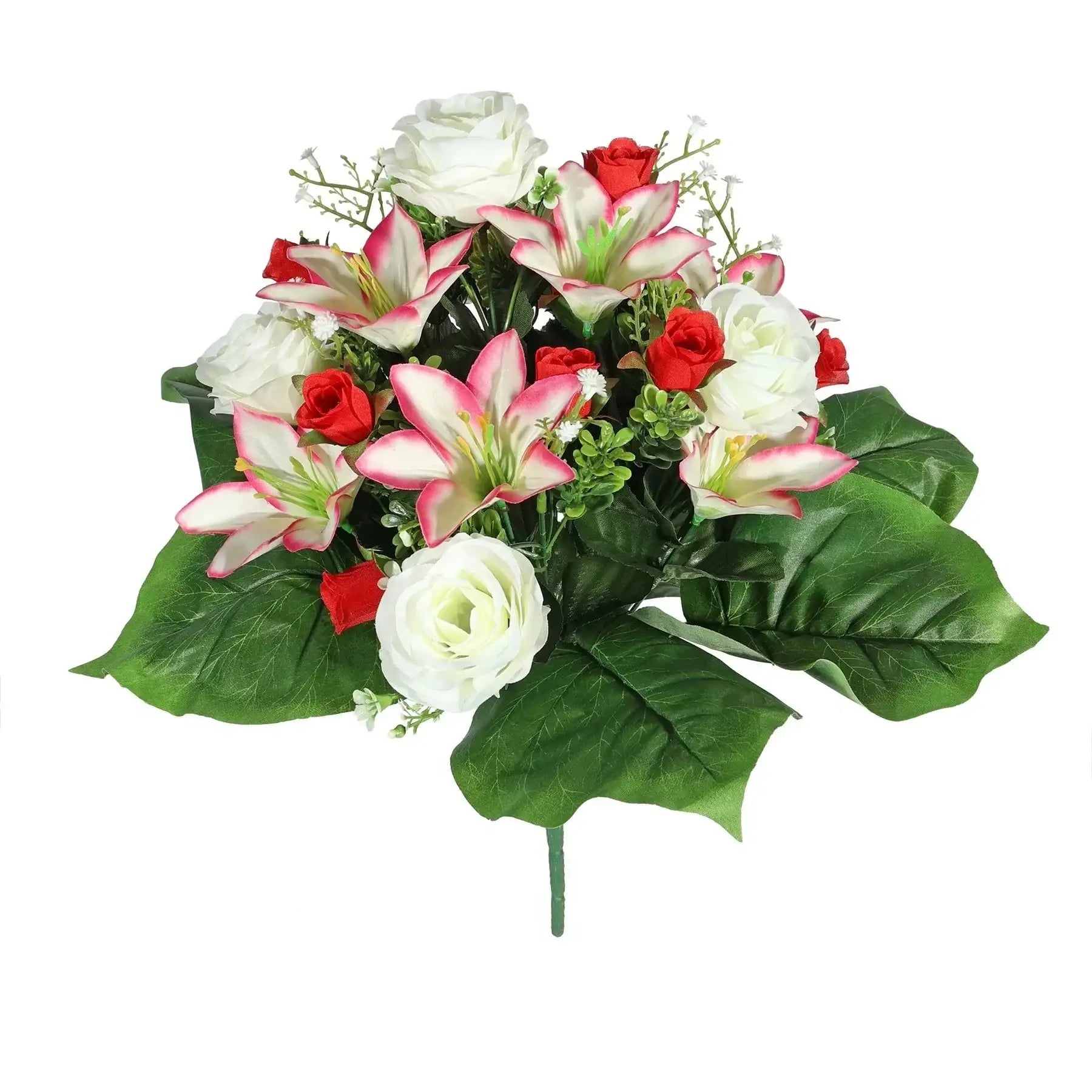Artificial red and white rose & lily bouquet with green leaves for home décor or gifts