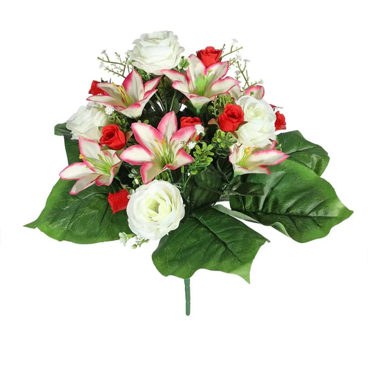 Artificial red and white rose & lily bouquet with green leaves for home décor or gifts