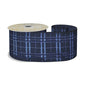 Navy blue plaid ribbon with light blue and white stripes, ideal for luxury gift wrapping and festive occasions.