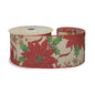 Festive ribbon with red poinsettia, holly, and snowflakes for Christmas gift wrapping and holiday décor