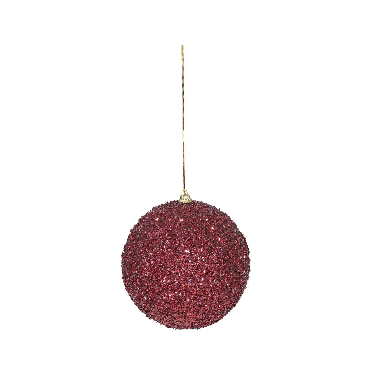 Sparkling red glitter Christmas ornament with gold hanging string, perfect for festive tree décor