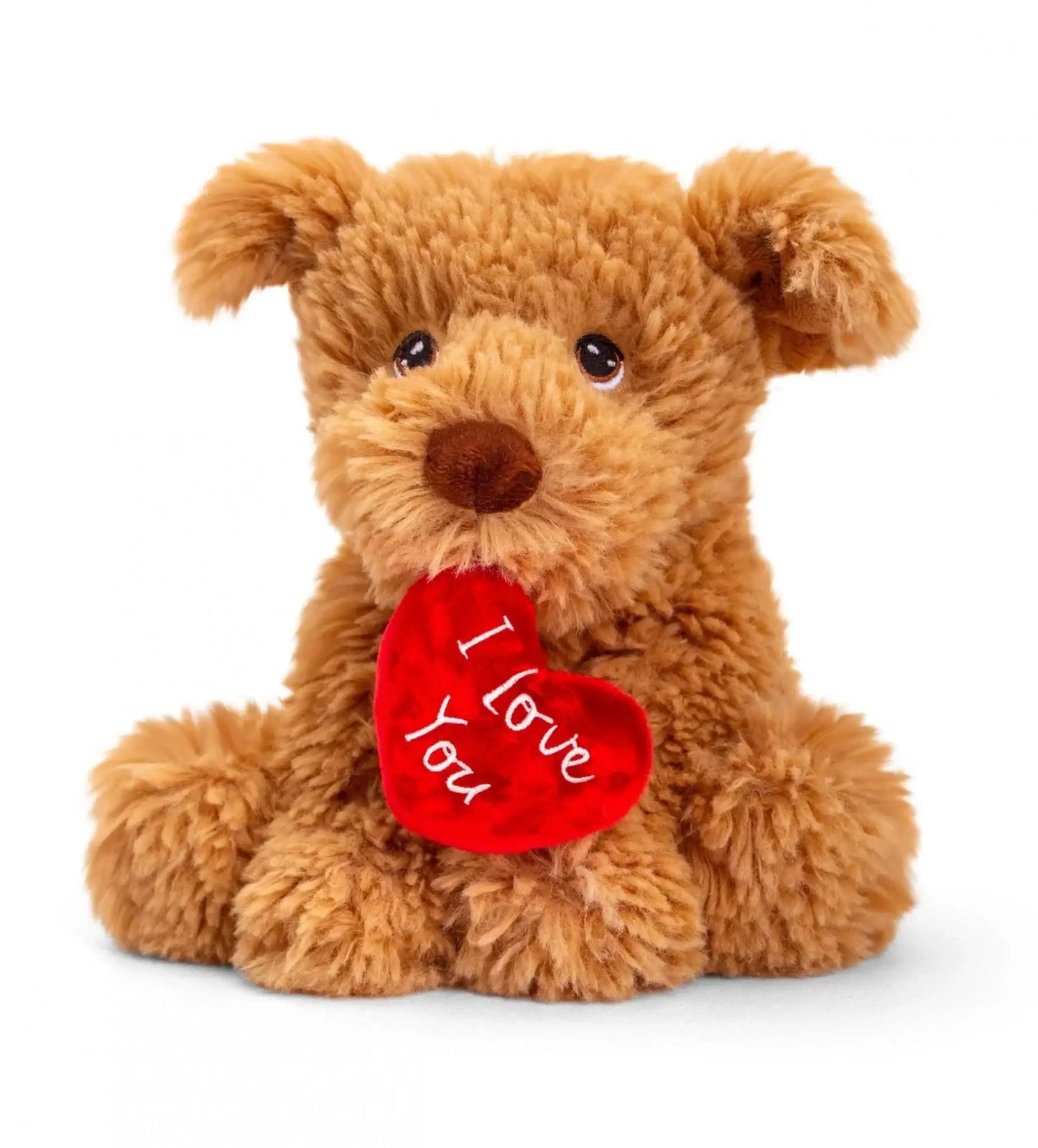 Fluffy brown teddy bear holding red 'I Love You' heart, perfect for Valentine's Day gifts and romantic occasions.