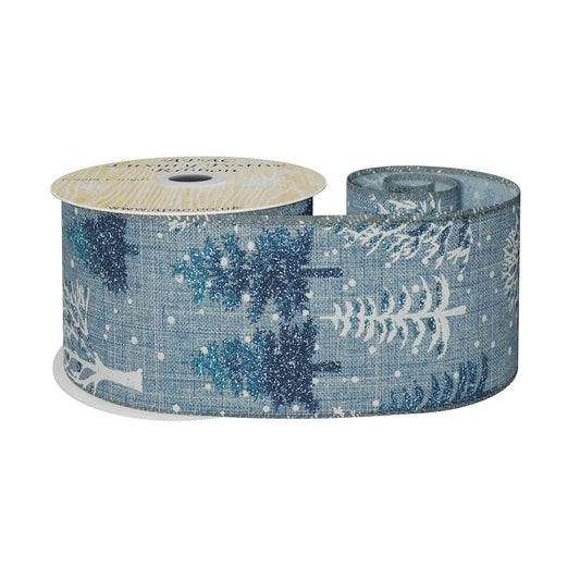 Blue with White &amp; Blue Glitter Trees Ribbon (63mm x 10yds)