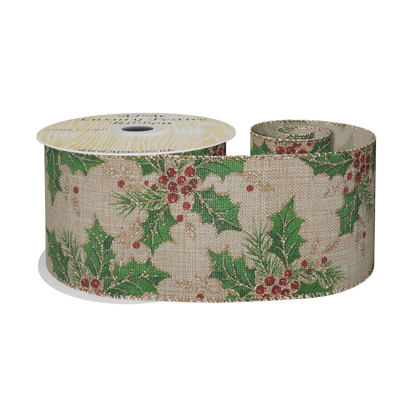Natural with Green Holly &amp; Berries Ribbon