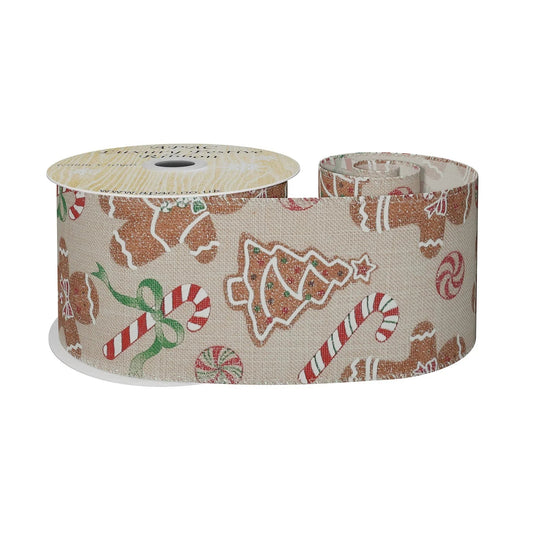 Natural with Trees &amp; Candy Canes Ribbon (63mm x 10yds)