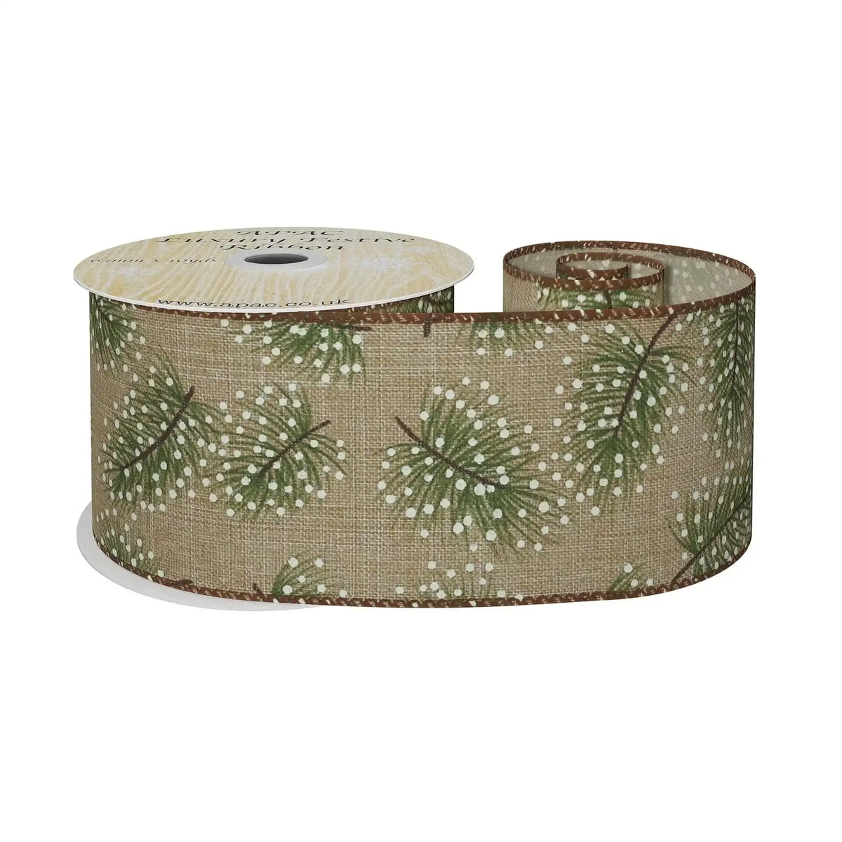 Festive ribbon with pine branches and snowflakes, ideal for luxury gift wrapping and home décor