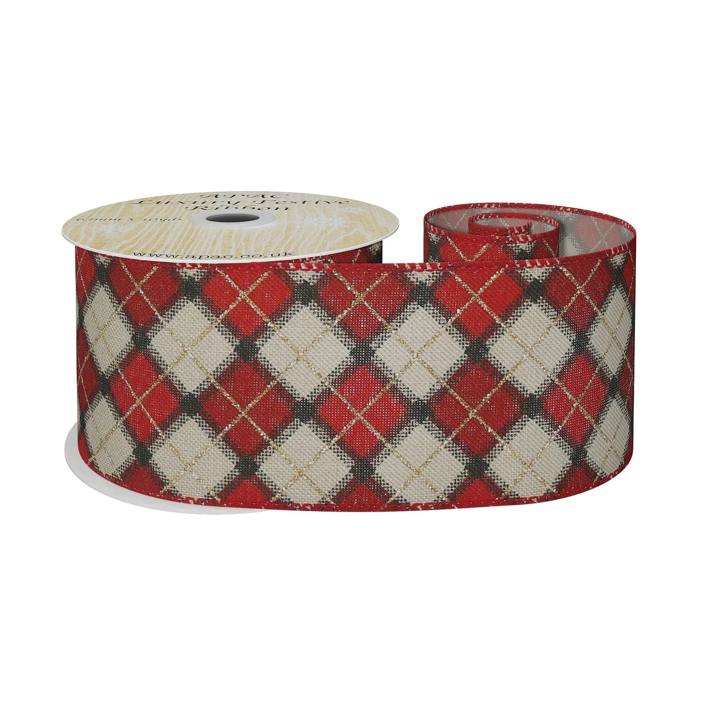 Red &amp; Gold Argyle Diamond Ribbon 63mm x 10yds
