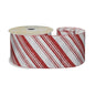 White Satin Ribbon with Red Glitter Diagonal Stripes (63mm x 9m)