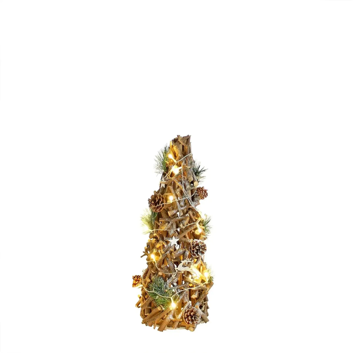 Rustic wooden Christmas tree with warm fairy lights, pinecones, and greenery for festive home décor