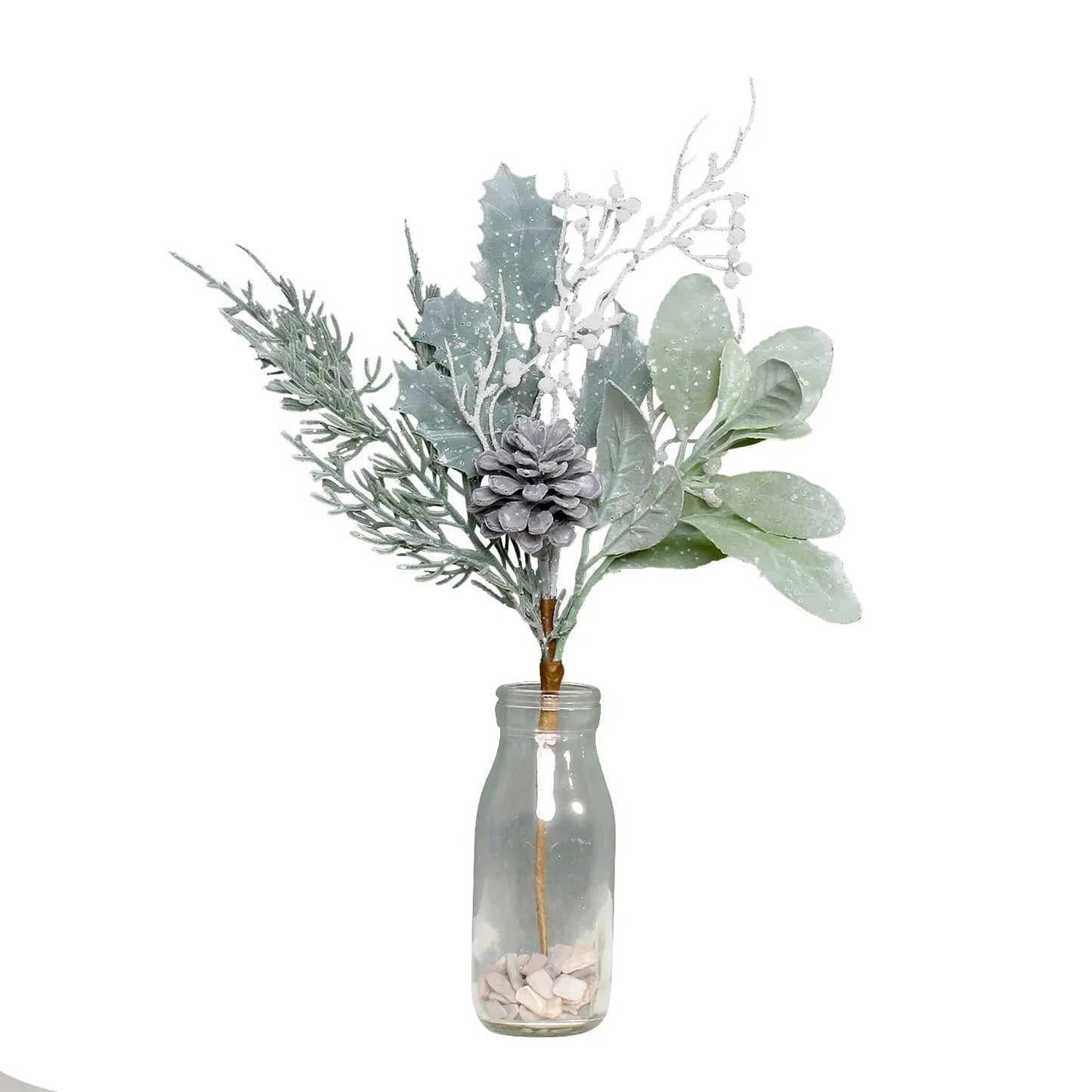 Lambs Ear  Holly  Cone &amp; White Berry Flocked Spray (36cm)