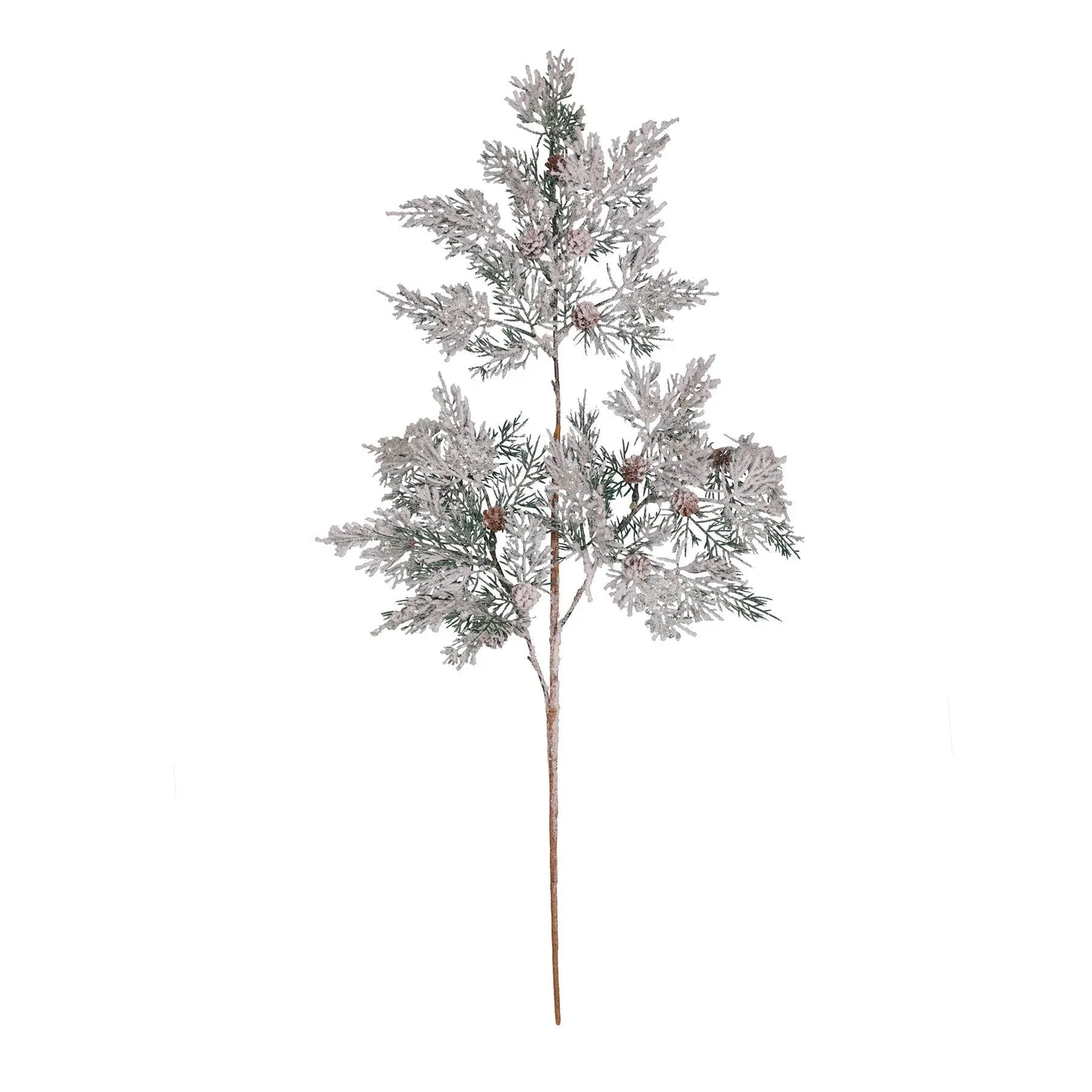 Artificial pine branch with frosted leaves and pinecones, winter holiday home decor