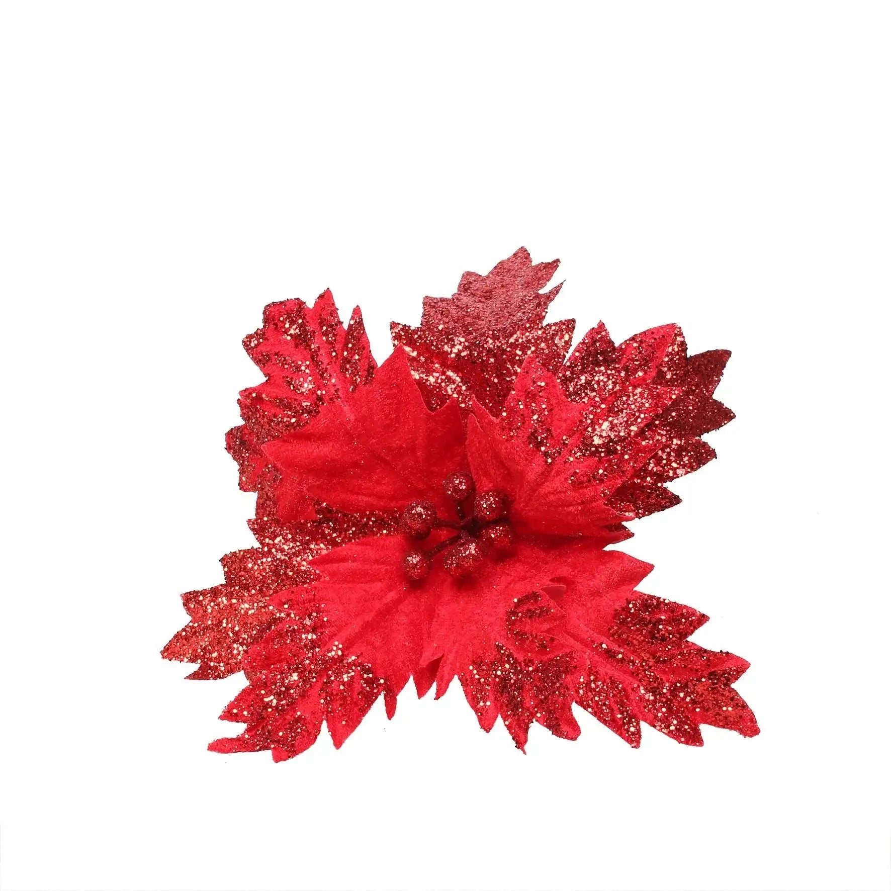 Red glitter poinsettia flower decoration for festive home décor and holiday gifts