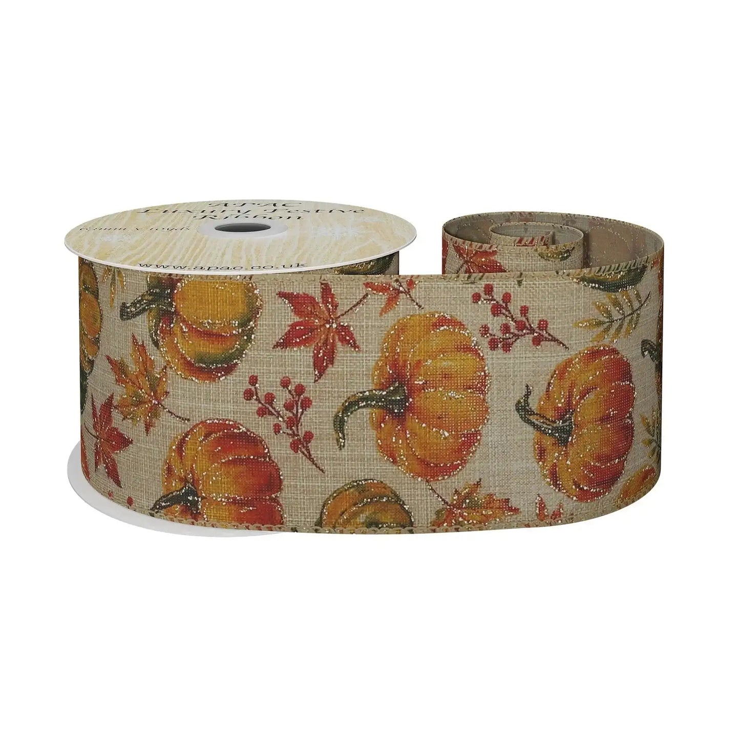 Autumn pumpkin ribbon with fall leaves & berries, perfect for seasonal gift wrapping and home décor
