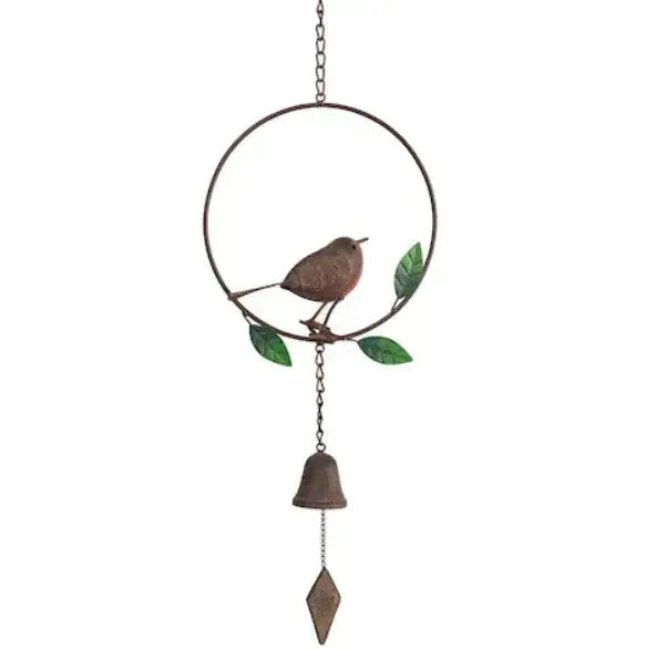 Metal bird wind chime with green leaves and bell, perfect for garden or home décor
