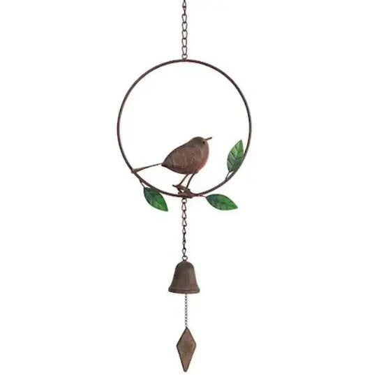 Metal bird wind chime with green leaves and bell, perfect for garden or home décor