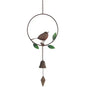 Metal bird wind chime with green leaves and bell, perfect for garden or home décor