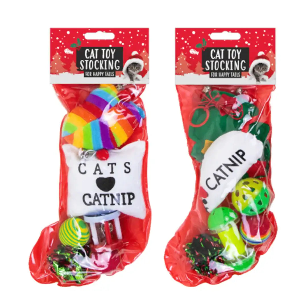 Cat toy stocking filled with catnip toys, balls, and festive treats for happy tails