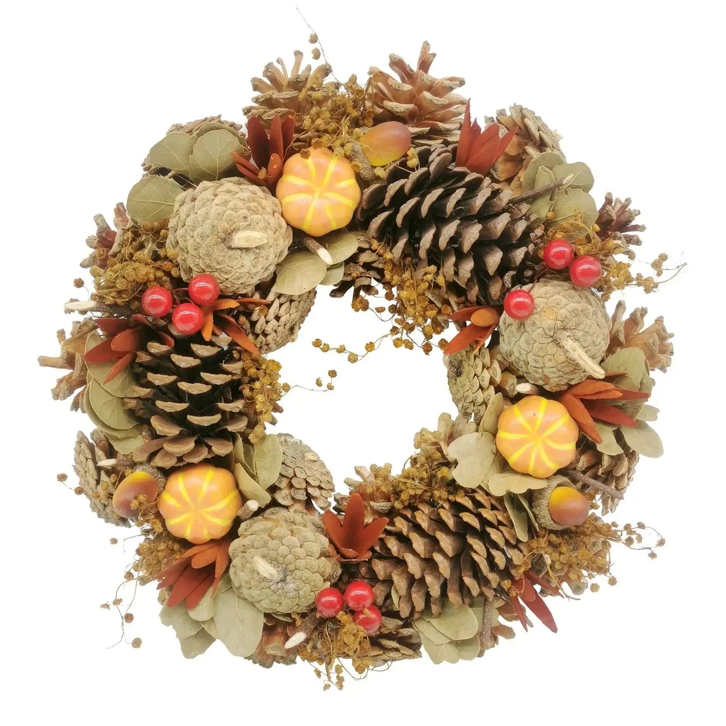 Fall pinecone wreath with mini pumpkins, berries, and autumn leaves for seasonal home décor