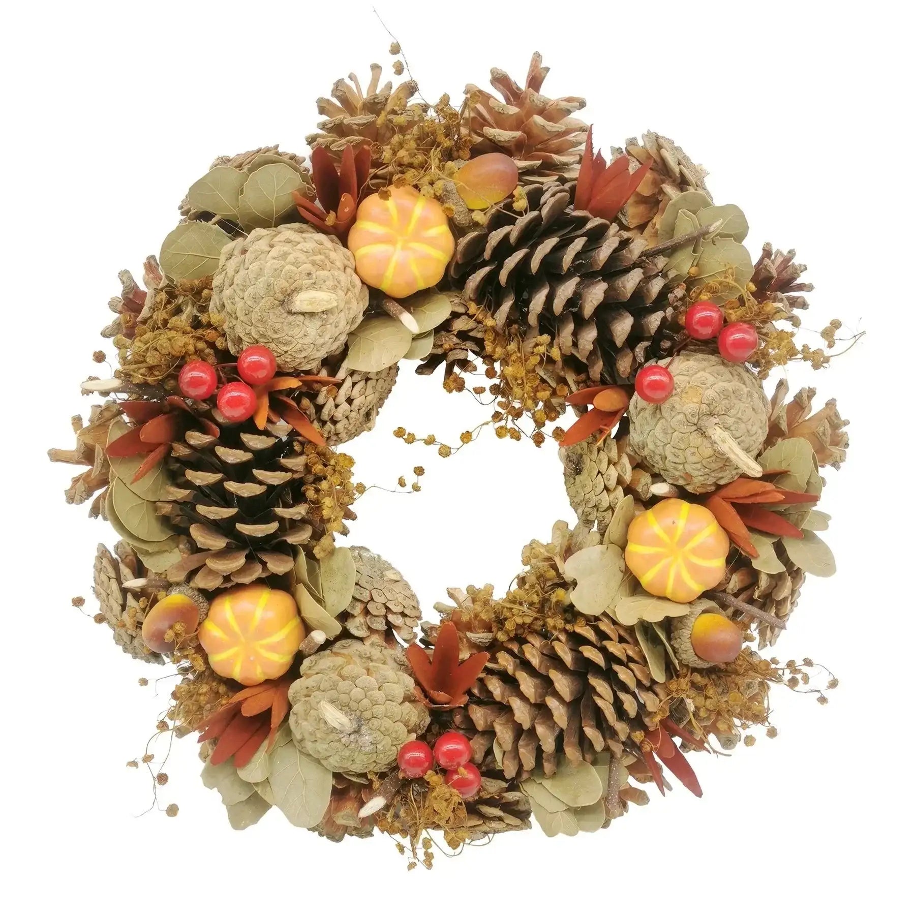 Fall pinecone wreath with mini pumpkins, berries, and autumn leaves for seasonal home décor