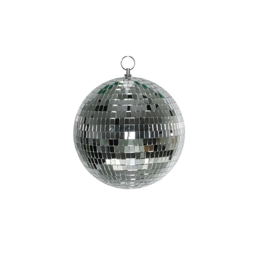 Shiny silver disco ball with reflective mirror tiles, perfect for party decor and home celebrations