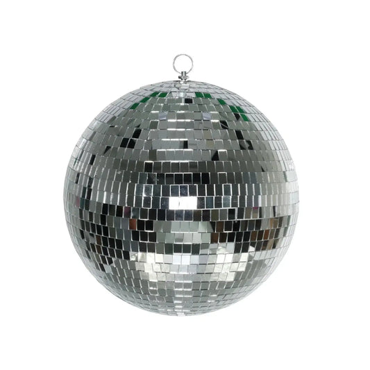 Shiny silver disco ball with reflective mirror tiles, perfect for party decor and home celebrations