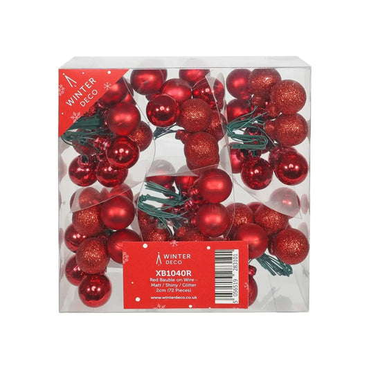 Red Christmas baubles in clear box, matte, shiny & glitter finishes, 72 pieces for festive home décor