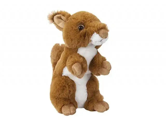 Brown plush squirrel stuffed animal toy with white belly, isolated on white background