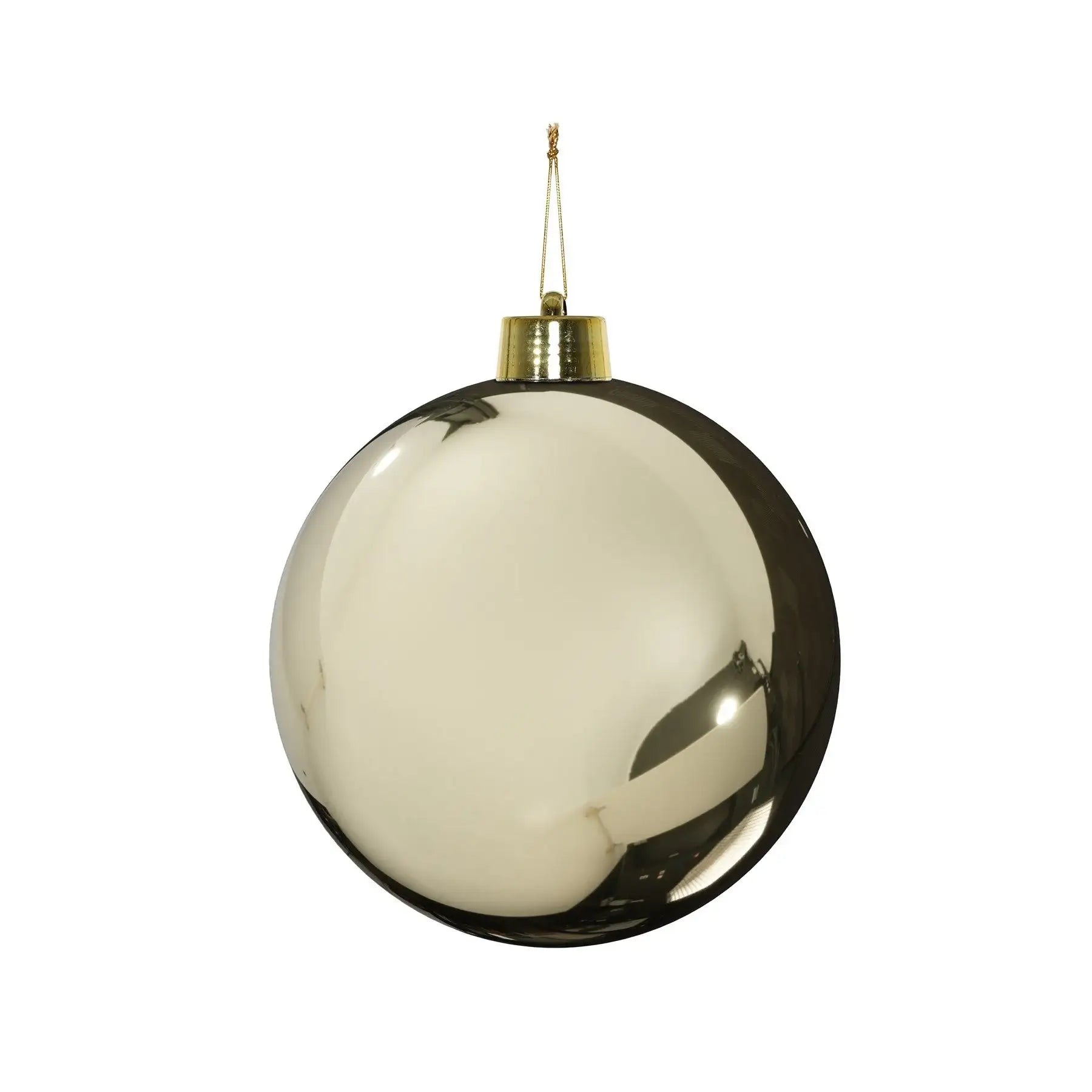 Shiny gold Christmas ornament with reflective surface and gold cap, perfect for holiday tree décor