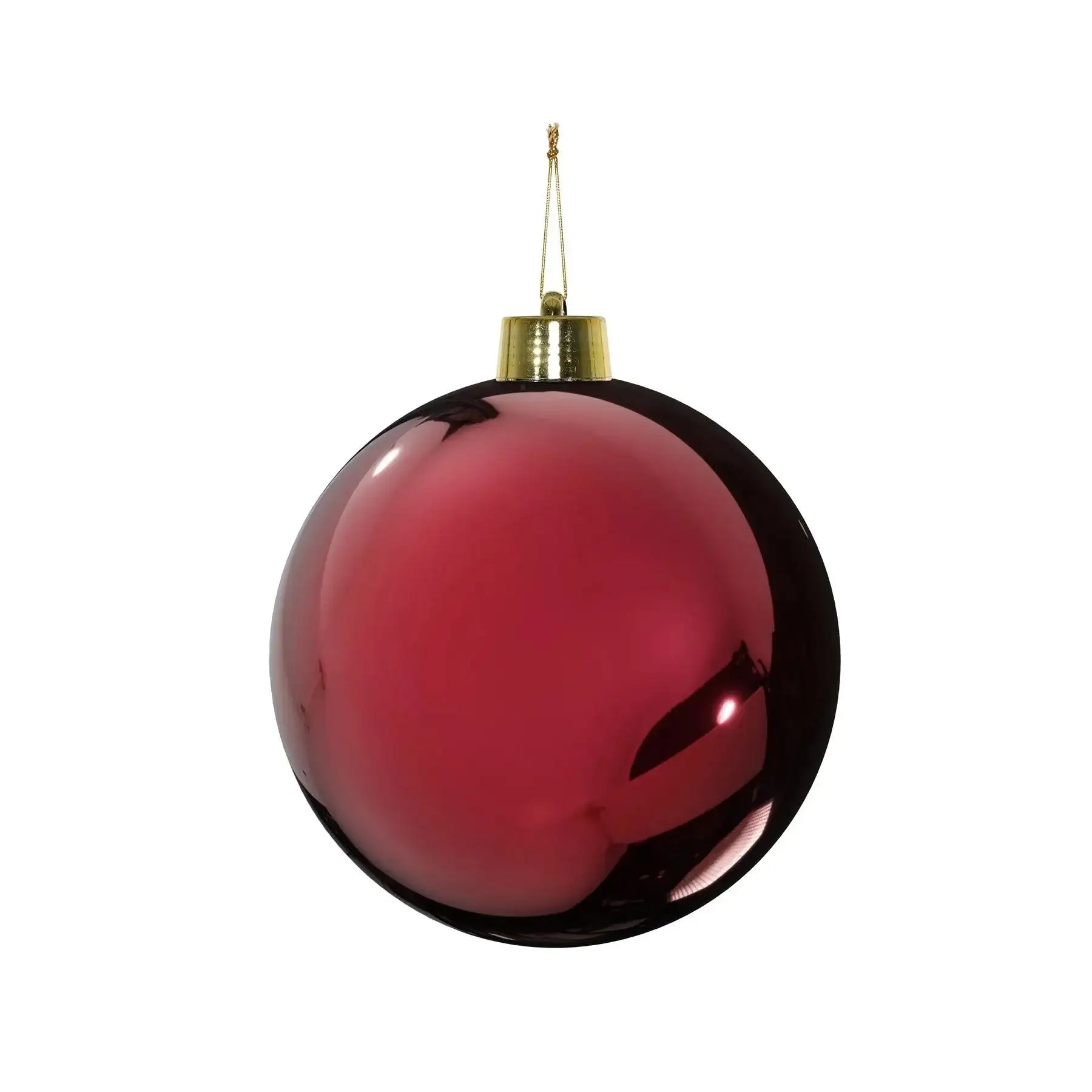 Glossy red Christmas ornament with gold cap, perfect for holiday tree décor and festive celebrations
