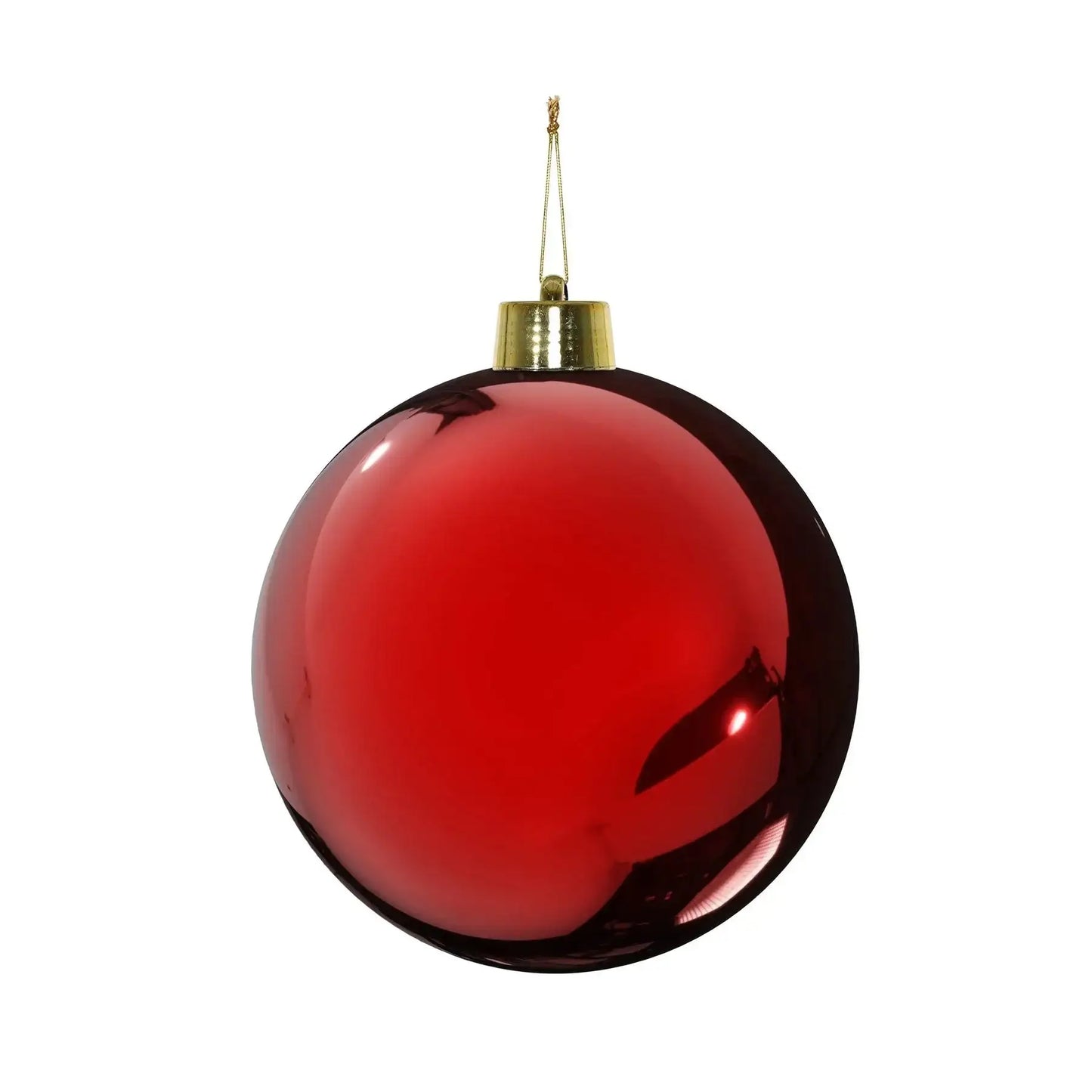 Shiny red Christmas ornament with gold cap, perfect for holiday tree decor and festive home styling