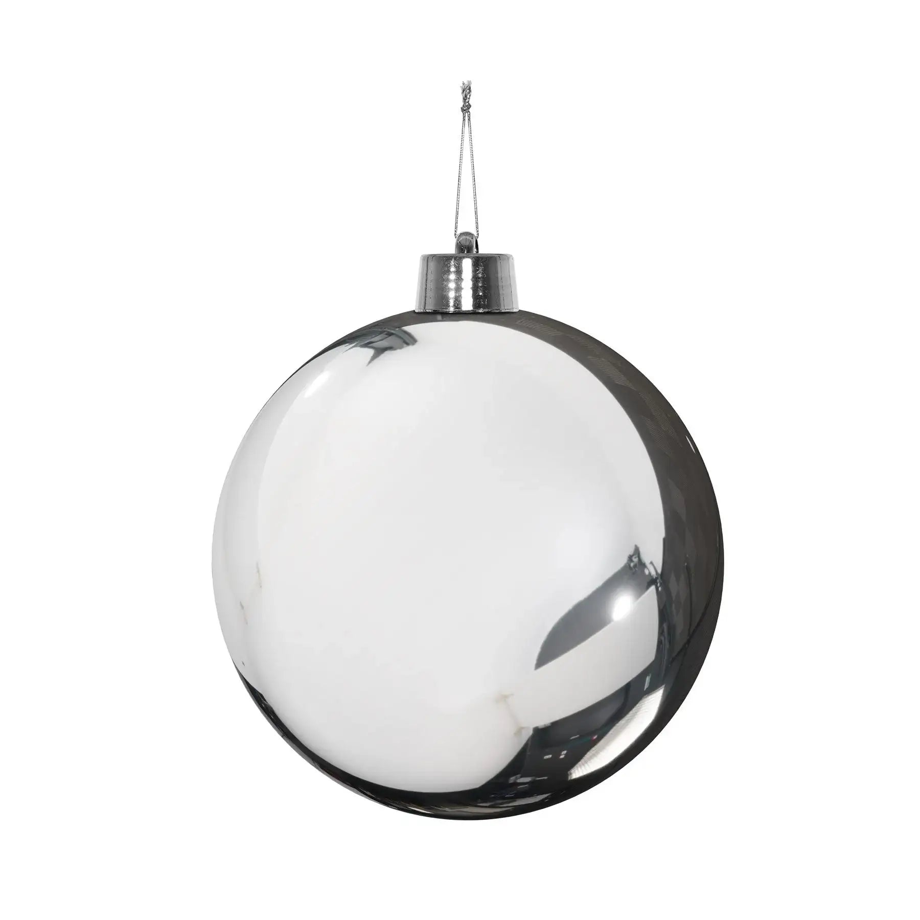 Shiny silver Christmas ornament with reflective surface, perfect for holiday tree décor and festive celebrations.