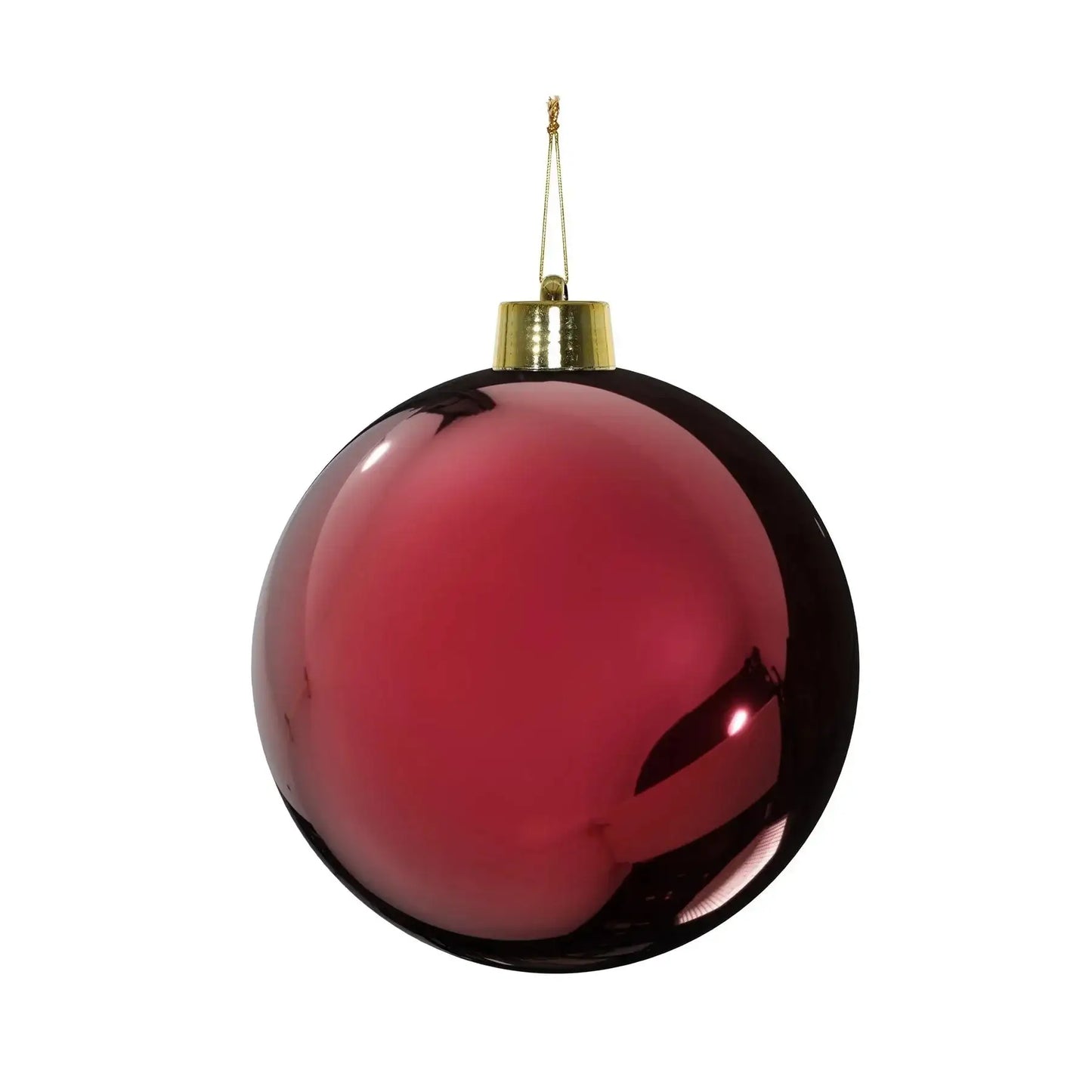 Glossy red Christmas ornament with gold cap, perfect for holiday tree décor and festive celebrations.
