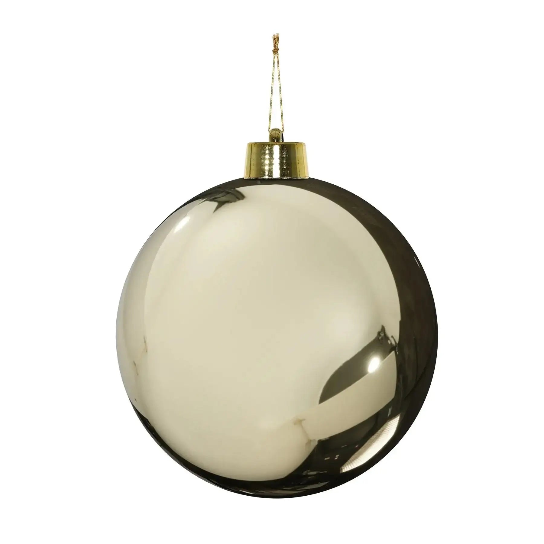 Shiny gold Christmas ornament with reflective surface and gold cap, perfect for holiday tree décor