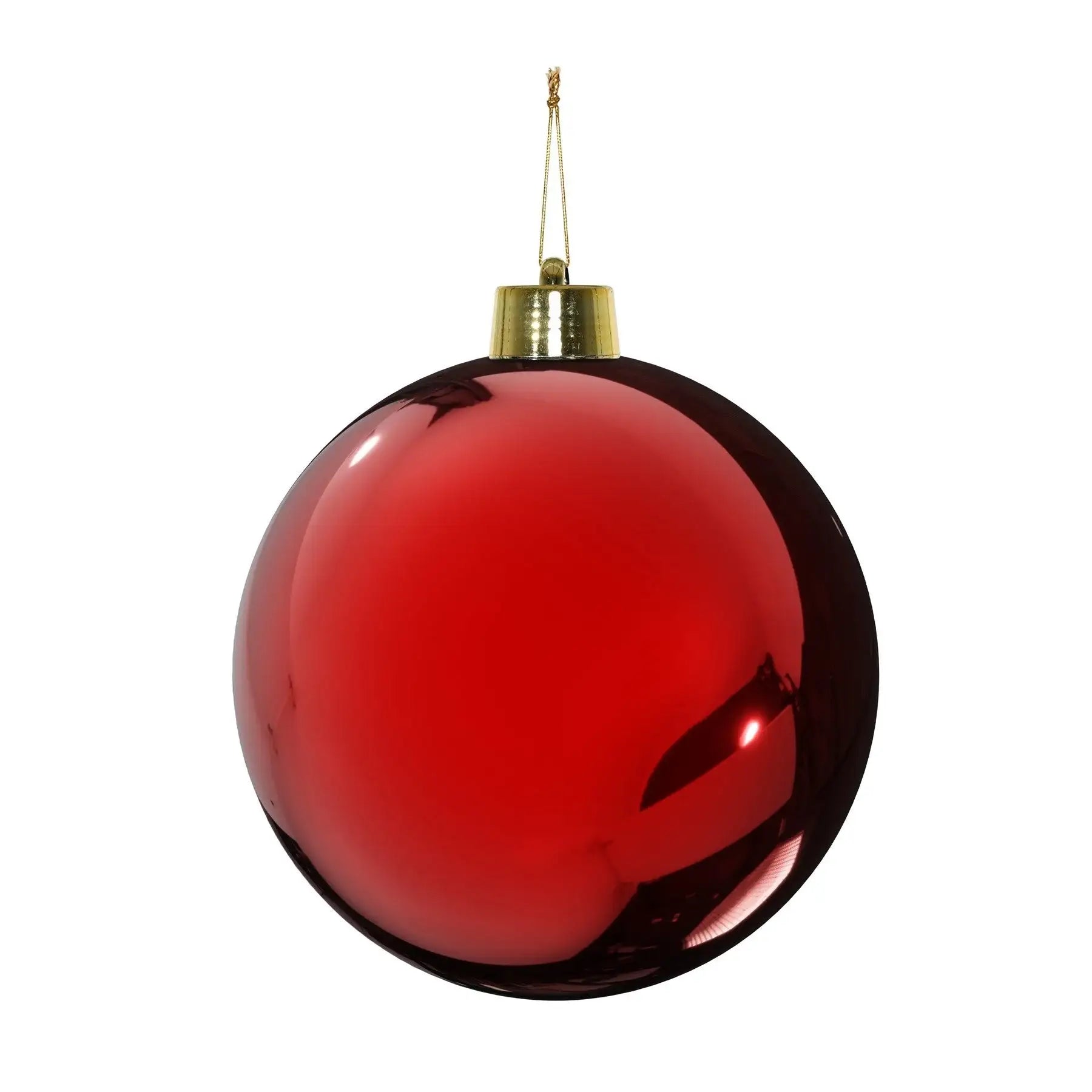 Shiny red Christmas ornament with gold cap and hanging string, perfect for holiday tree decor