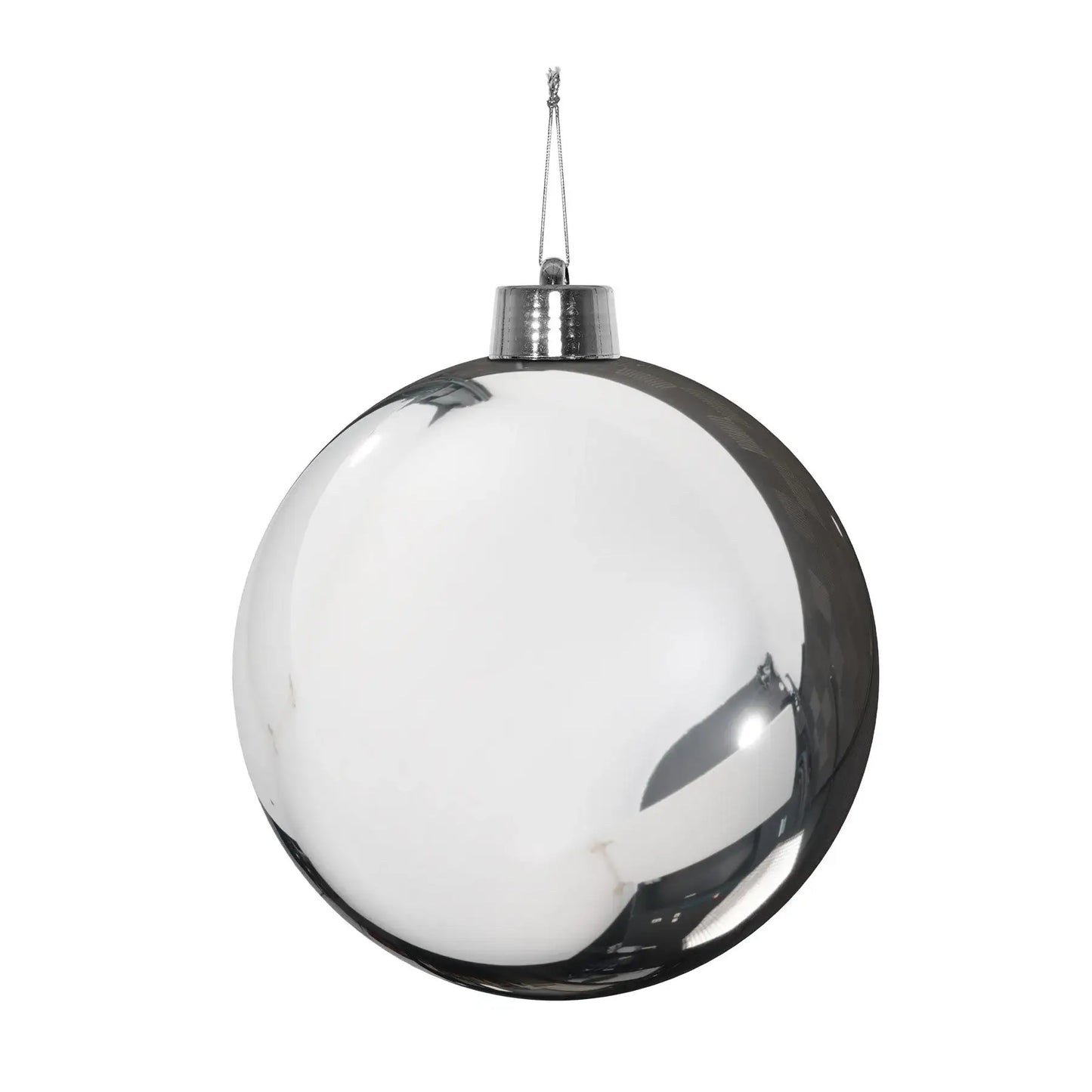 Shiny silver Christmas ornament with reflective surface, perfect for holiday tree decor and festive home accents.