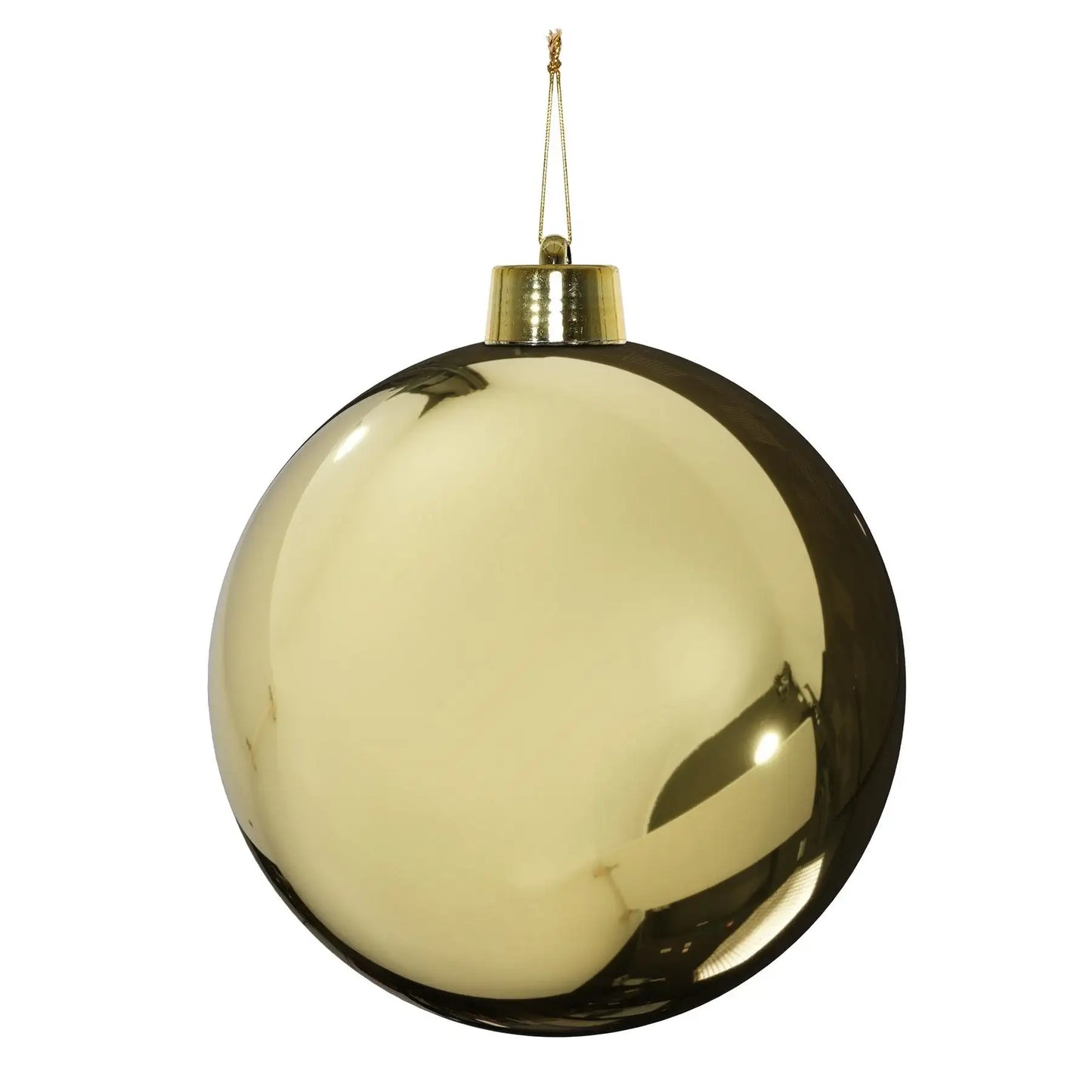 Shiny gold Christmas ornament with reflective surface and hanging loop, perfect for holiday tree décor