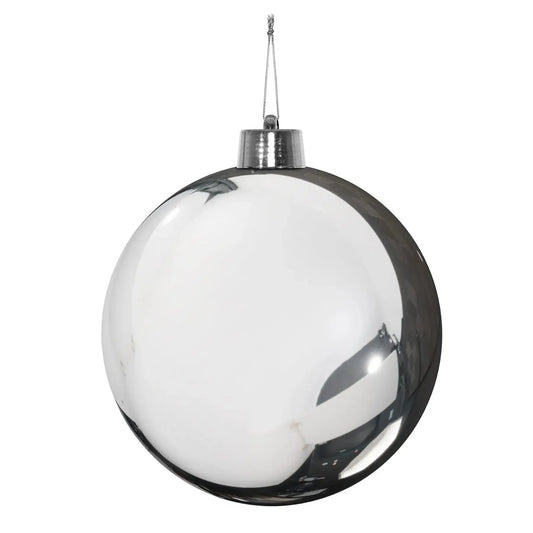 Shiny silver Christmas ornament with reflective surface, perfect for holiday tree decor and seasonal gifting