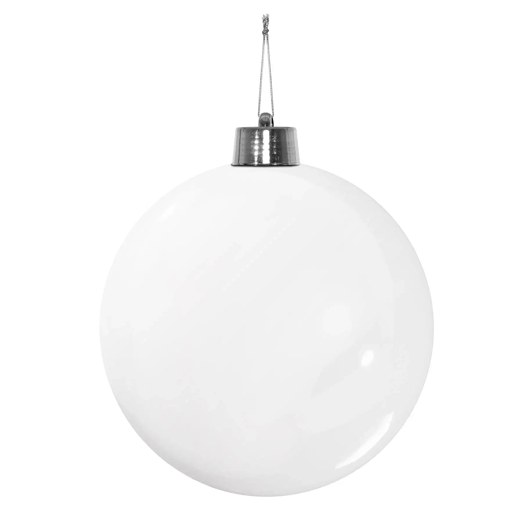 Glossy white Christmas ornament with silver cap, perfect for holiday tree décor and seasonal celebrations.