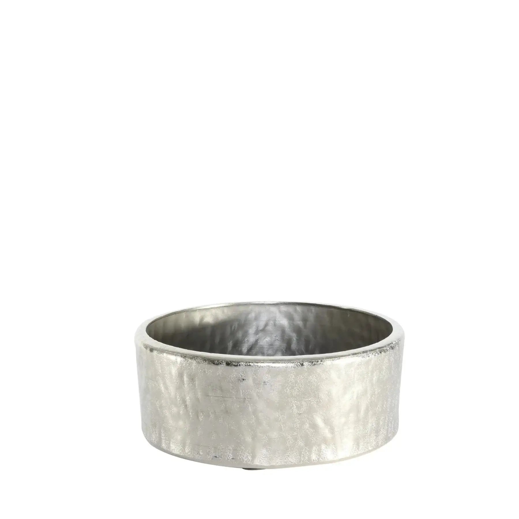 Round hammered silver metal bowl with a minimalist design on white background